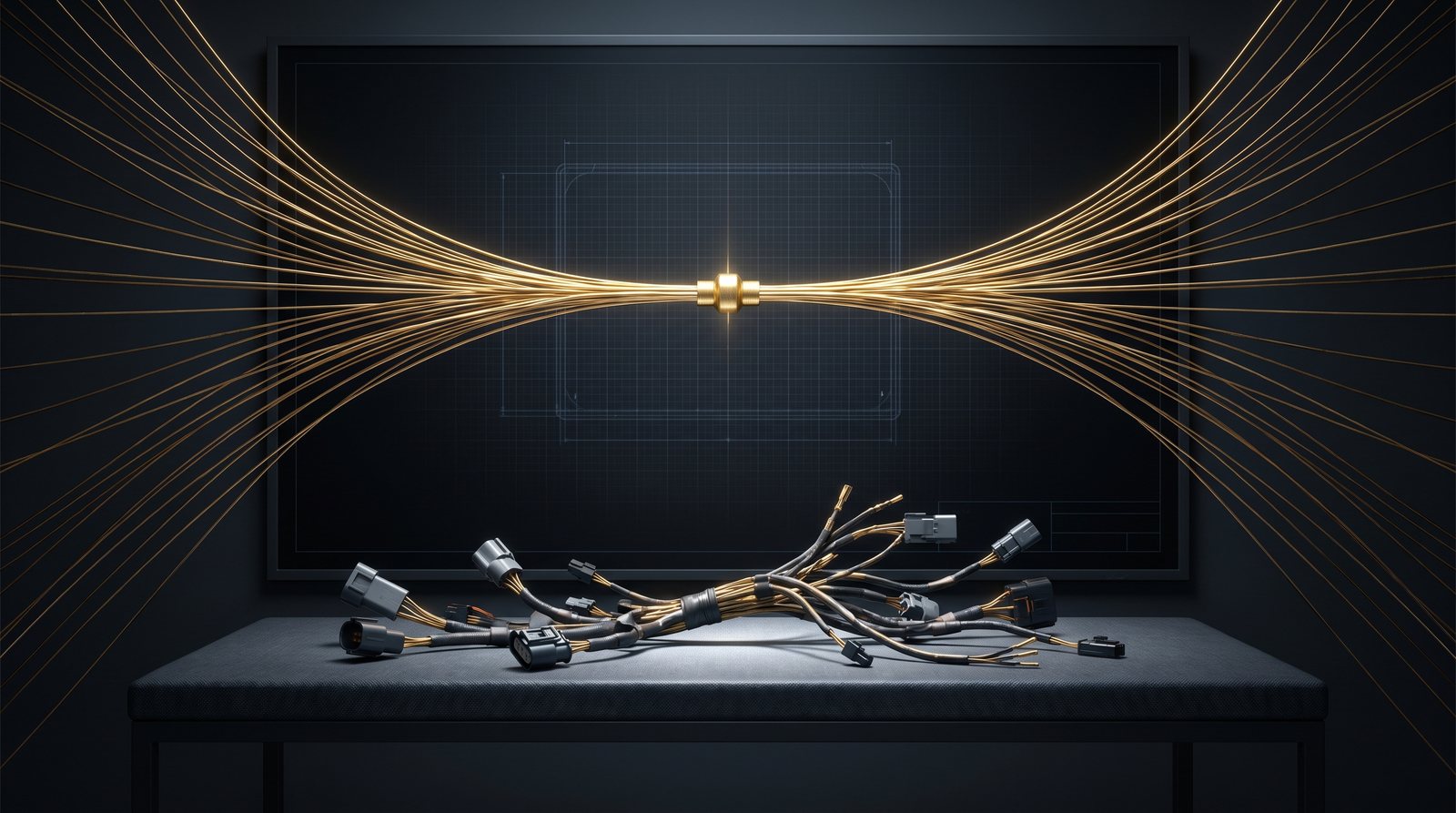 Many wire runs converging into a single bright node above a wire harness bundle, representing one global engineering and costing standard