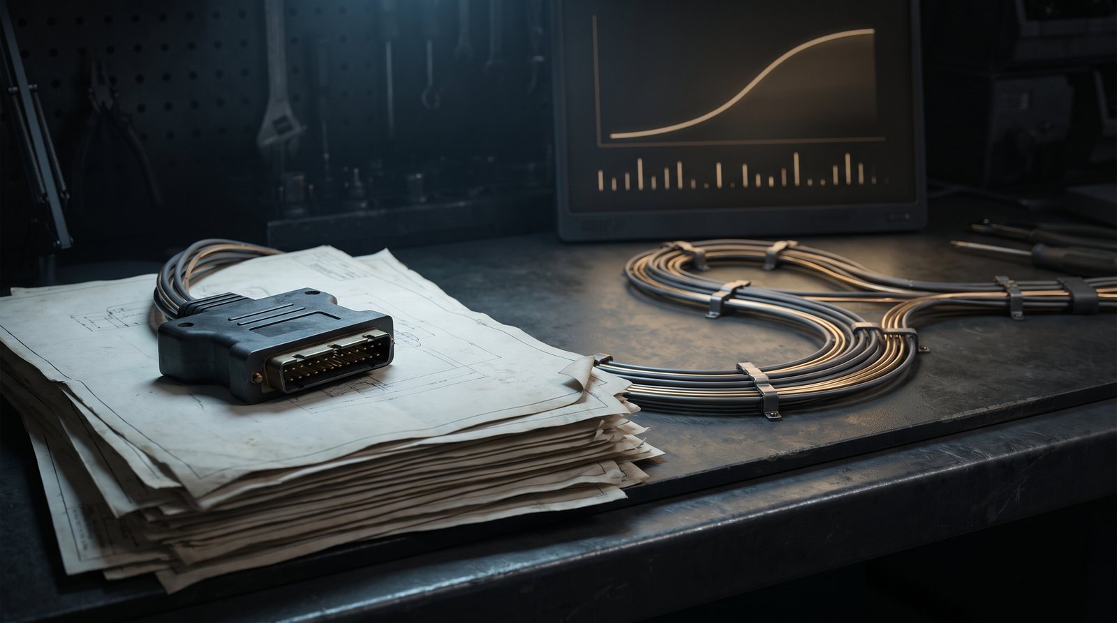 A stack of paper engineering prints and a multi-pin connector on a workbench beside a cleanly routed wire harness and a performance chart
