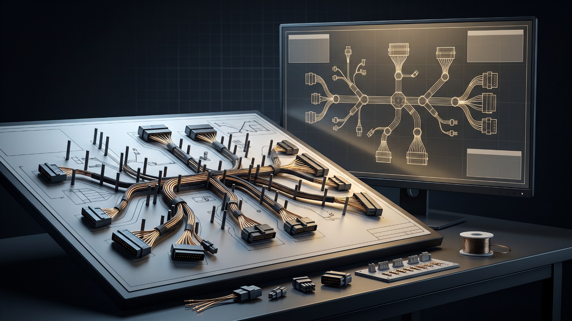 Wire harness laid out on a formboard next to a monitor showing the same harness as a visual circuit diagram