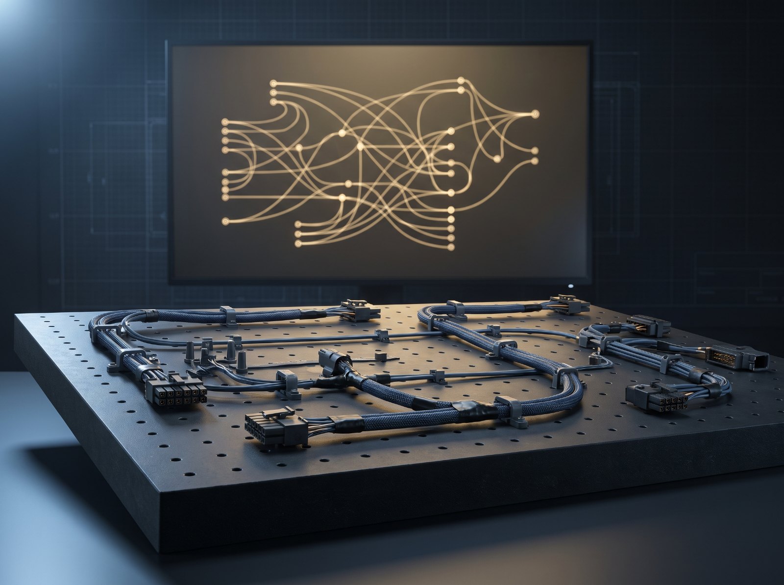 Wire harness laid out on an assembly form board with a glowing circuit schematic on the screen behind it