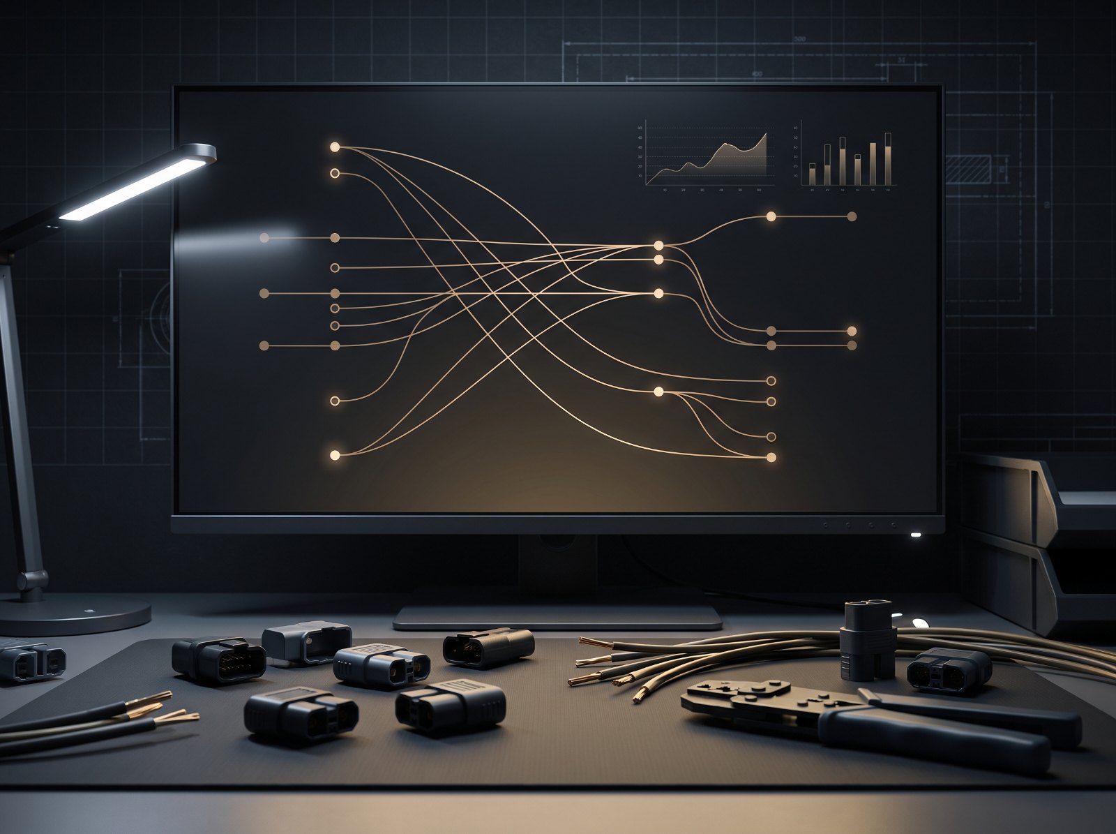 Engineering workstation showing a harness circuit diagram with connectors and a crimp tool on the desk