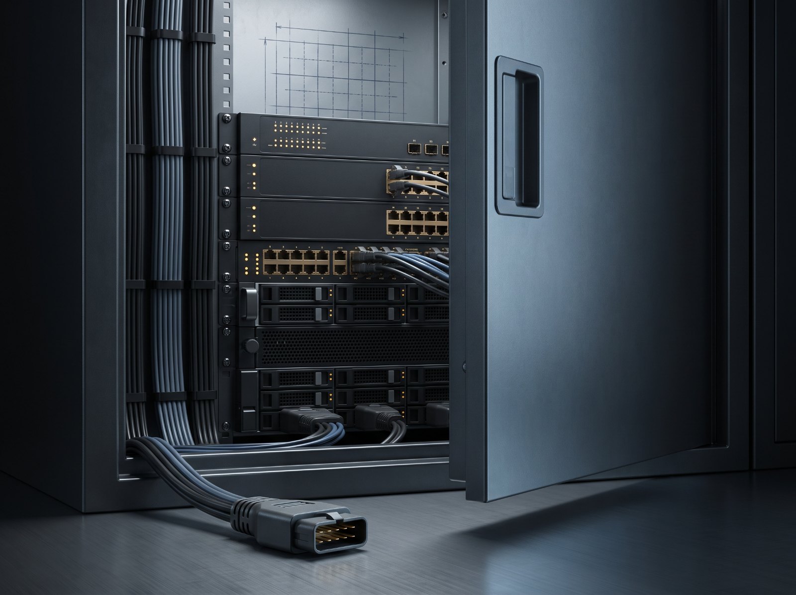 Secure equipment cabinet with racked servers, structured cabling and a harness connector in the foreground