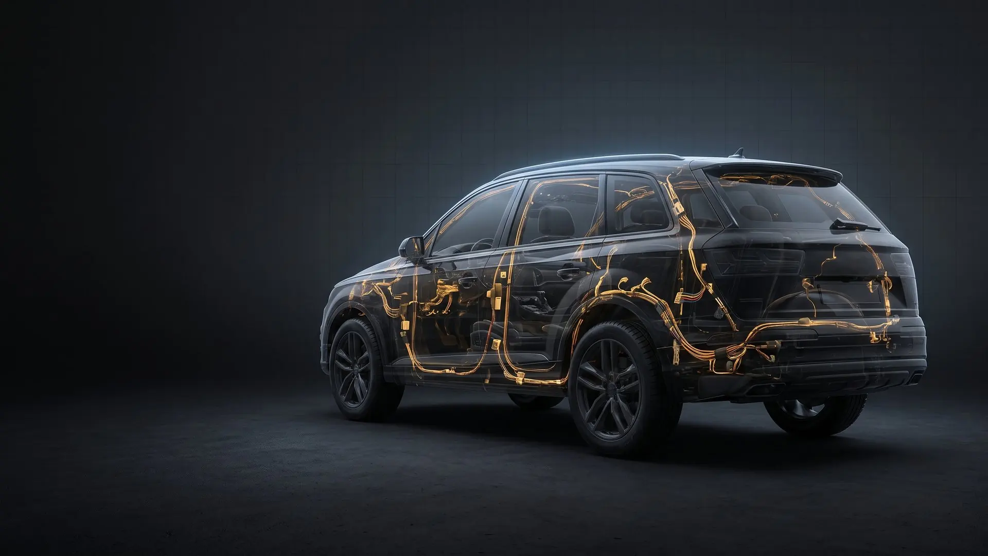 Glowing wire harness routed through an SUV chassis in a cutaway view