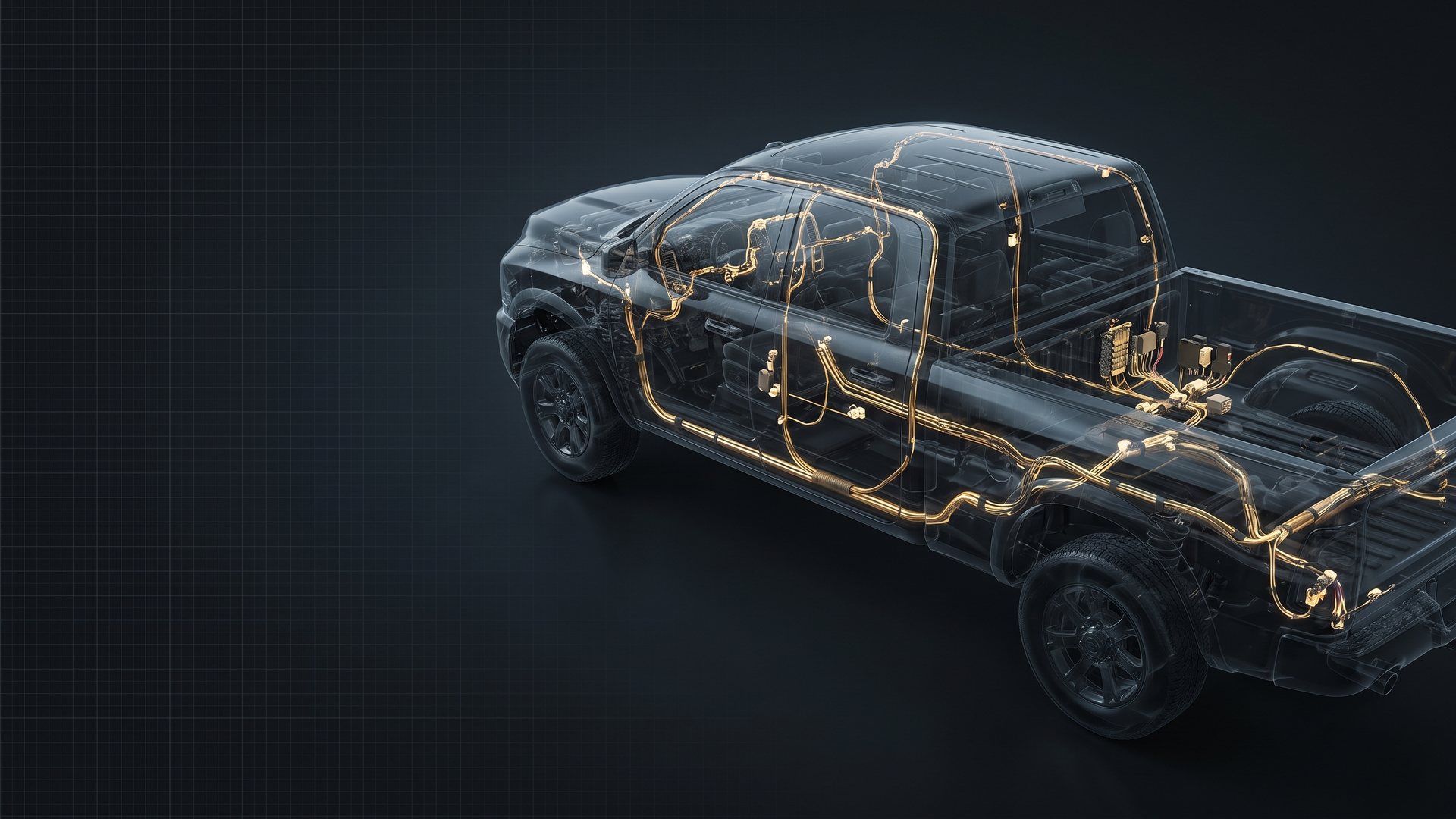 Ghosted view of a pickup truck showing the complete wire harness routed through cab, chassis and bed