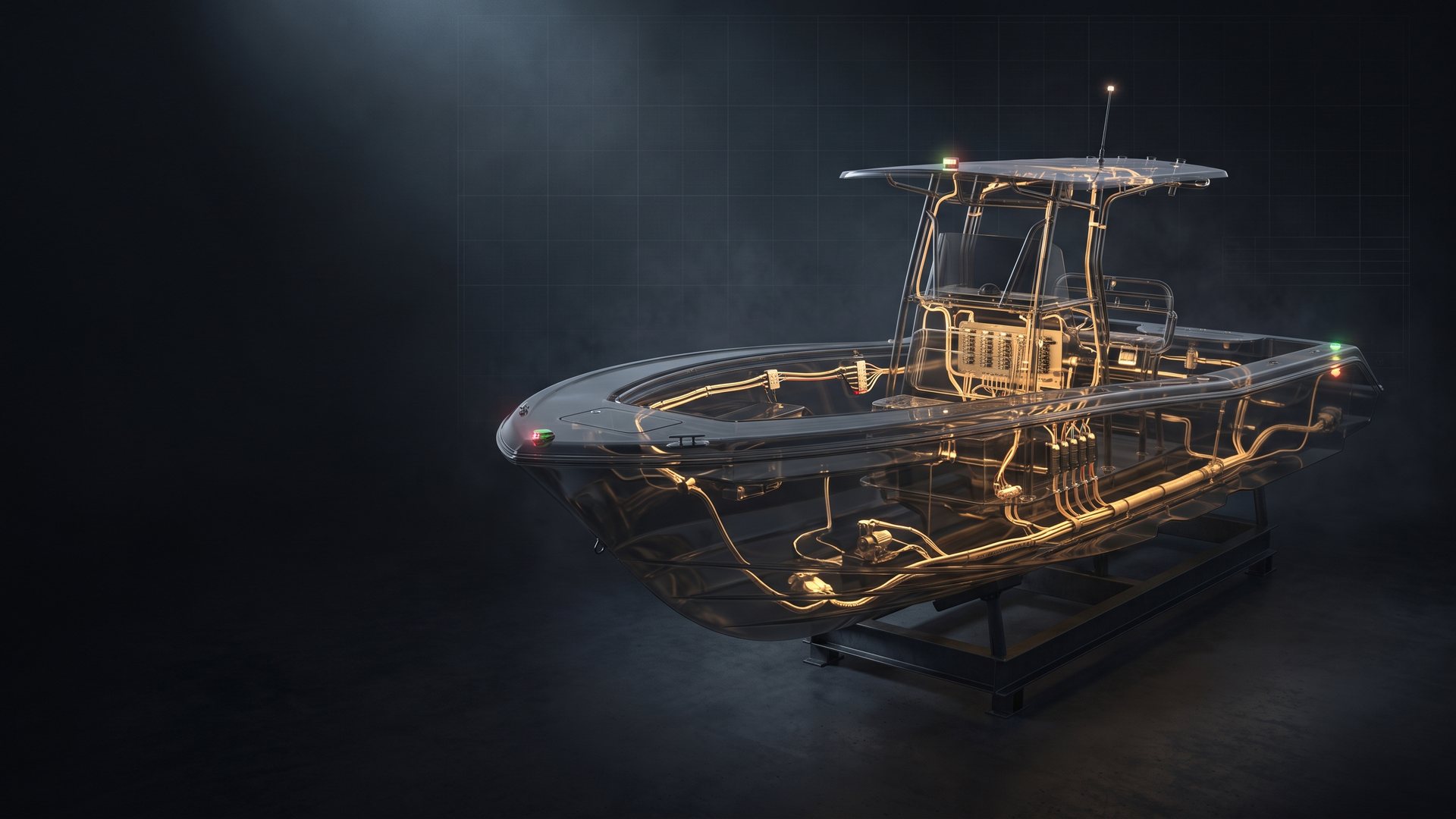 Ghosted center-console boat on a cradle with helm, console and bilge harnesses glowing brass through the hull