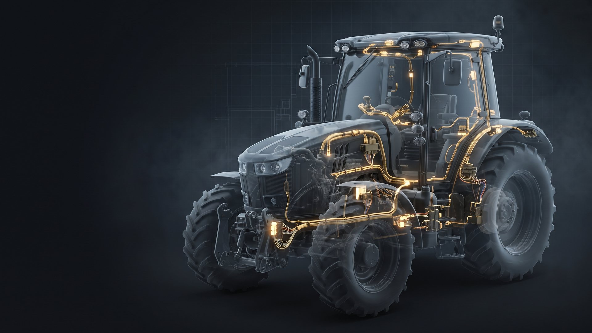 Ghosted agricultural tractor showing cab, engine bay and implement harnesses glowing brass with sealed connectors