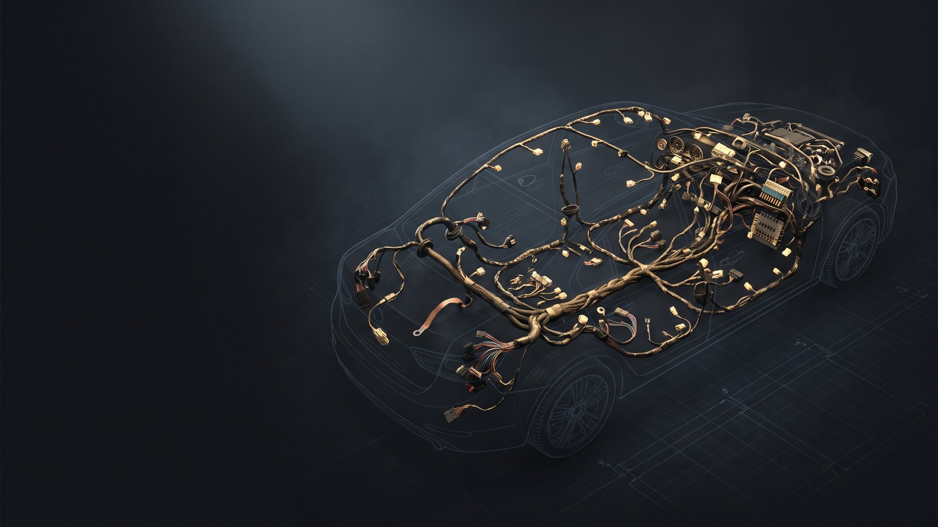 A complete vehicle wire harness laid flat with connectors, fuse boxes and branch bundles rendered in brass over a ghosted body outline