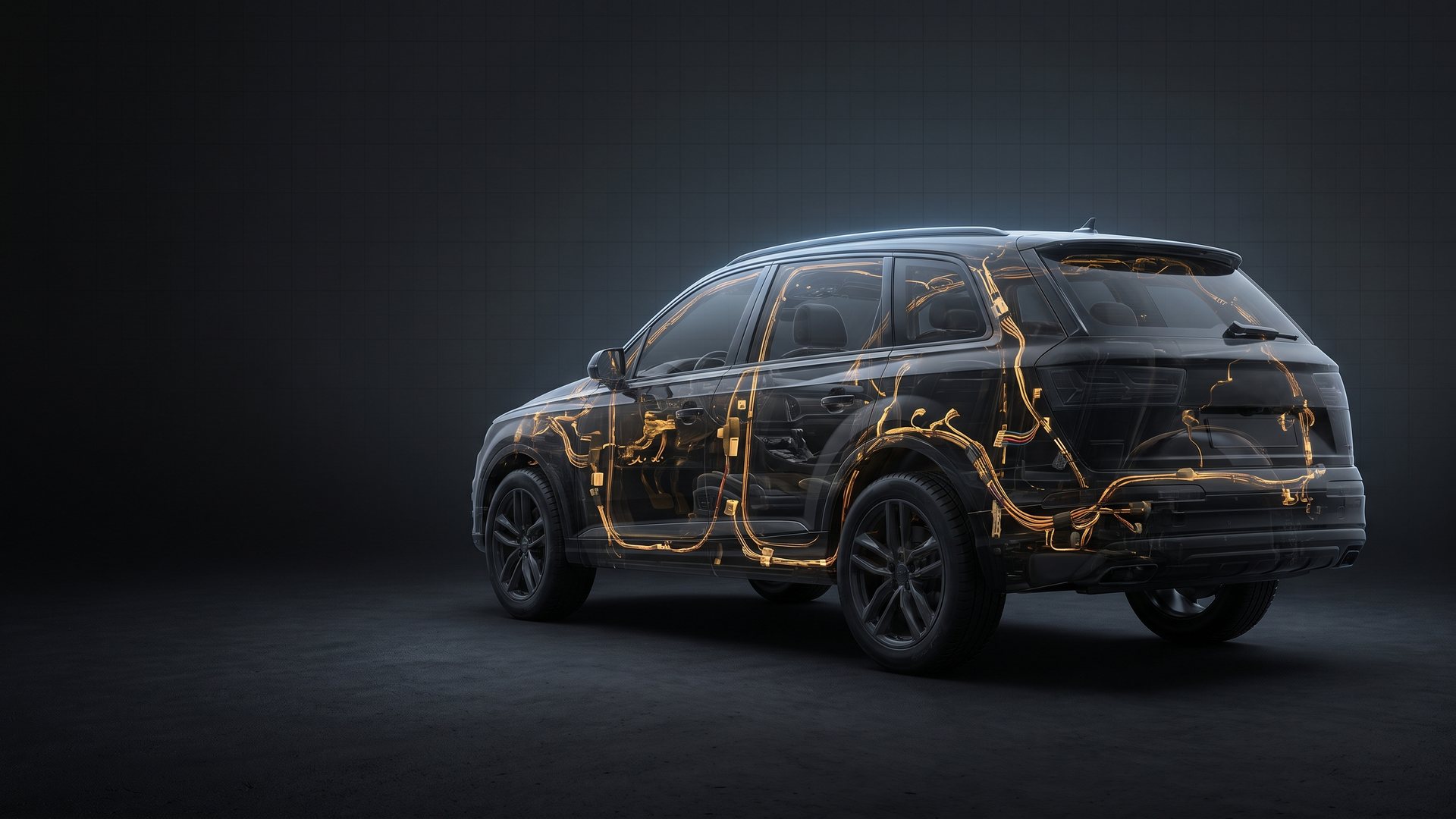 Ghosted SUV seen from the rear quarter with the full vehicle harness glowing brass through doors, floor and liftgate