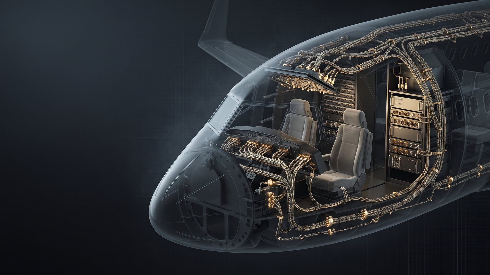 Ghosted aircraft forward fuselage showing cockpit avionics racks and shielded harness bundles running to the flight deck