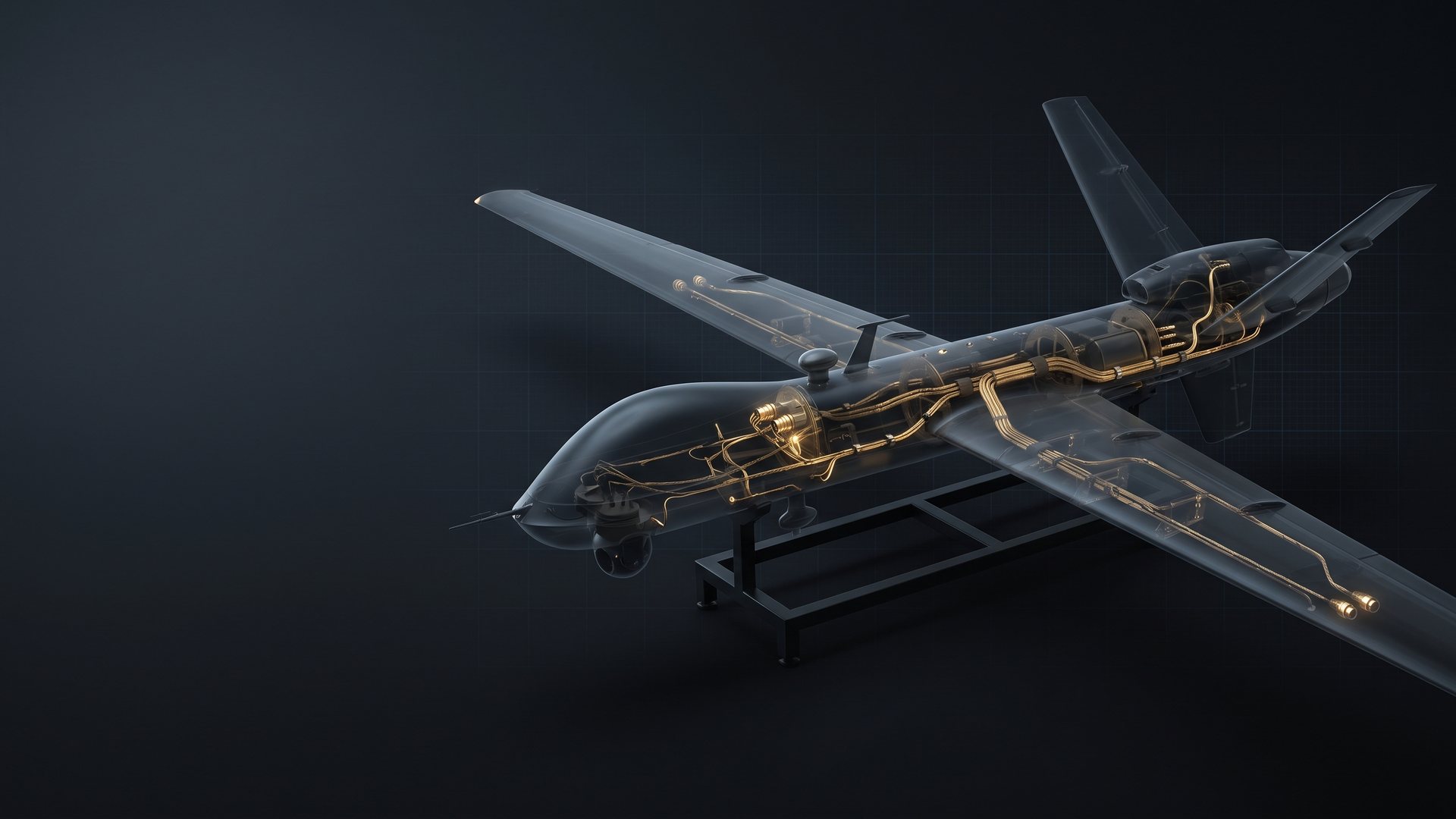 Ghosted fixed-wing unmanned aircraft on a stand with shielded harness runs glowing brass through fuselage and wings