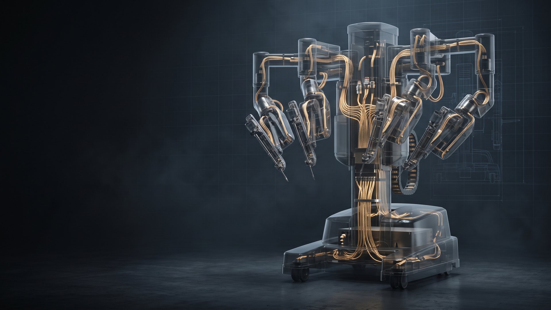 Ghosted surgical robot cart with brass instrument-arm cable bundles routed from the column to each articulated arm