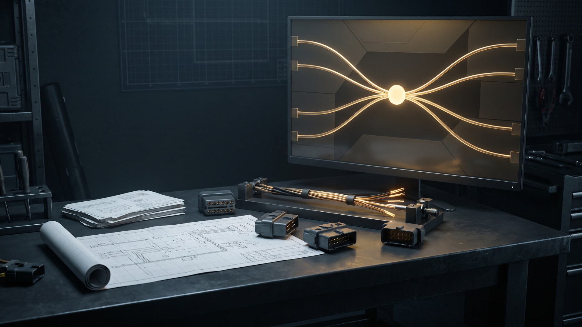 Engineering bench with a wire harness and drawings in front of a screen showing multiple data paths converging into one central node