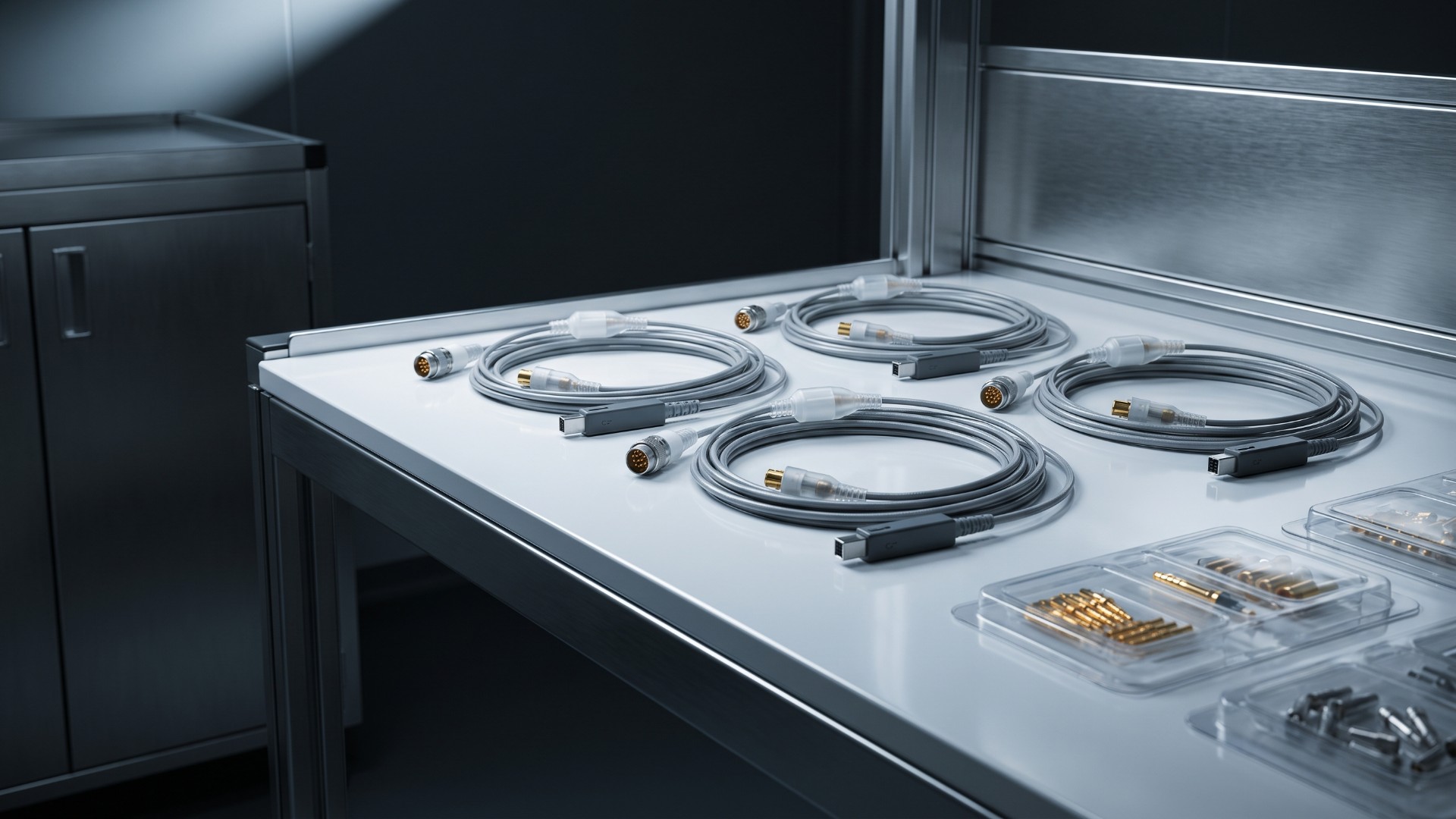 Coiled medical patient-cable assemblies with overmolded strain reliefs on a cleanroom bench