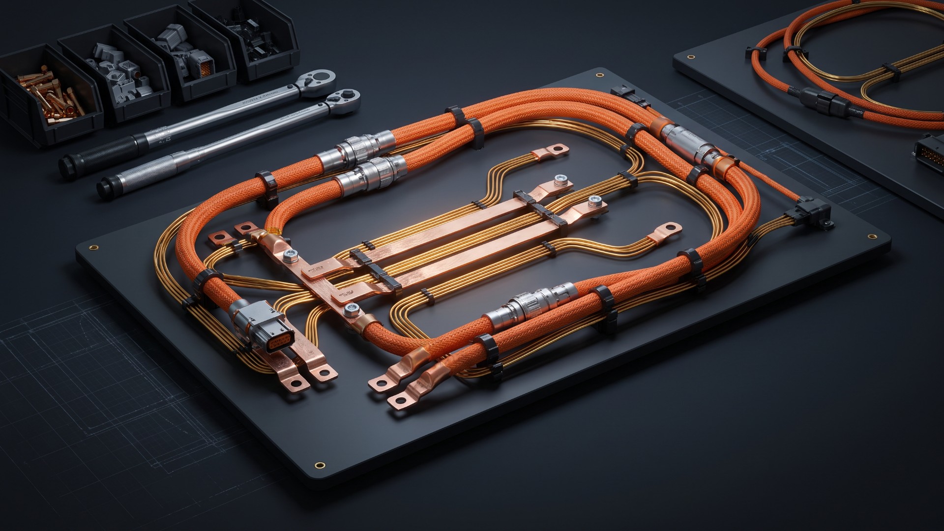 EV high-voltage harness board with orange shielded cables, busbars and interlock connectors