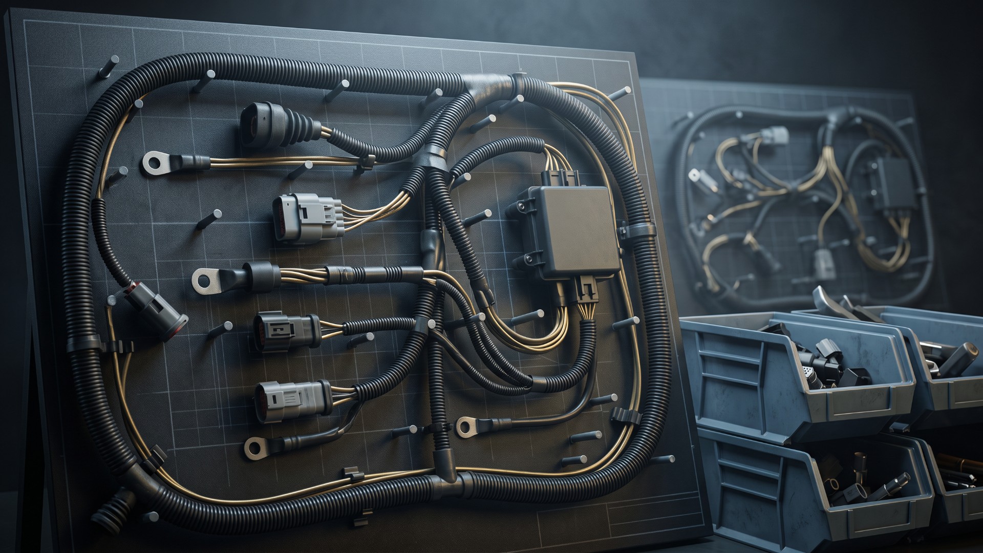Off-road equipment harness board with conduit, sealed connectors and a distribution box