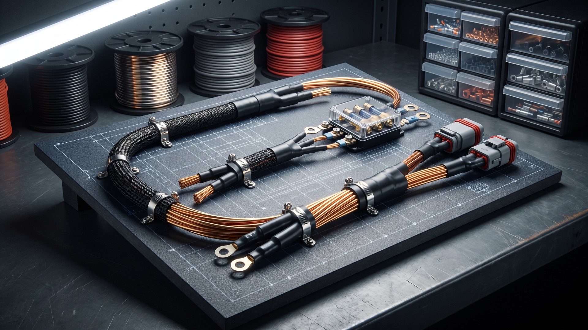 Marine harness build board with tinned copper conductors, heat-shrink boots and sealed connectors