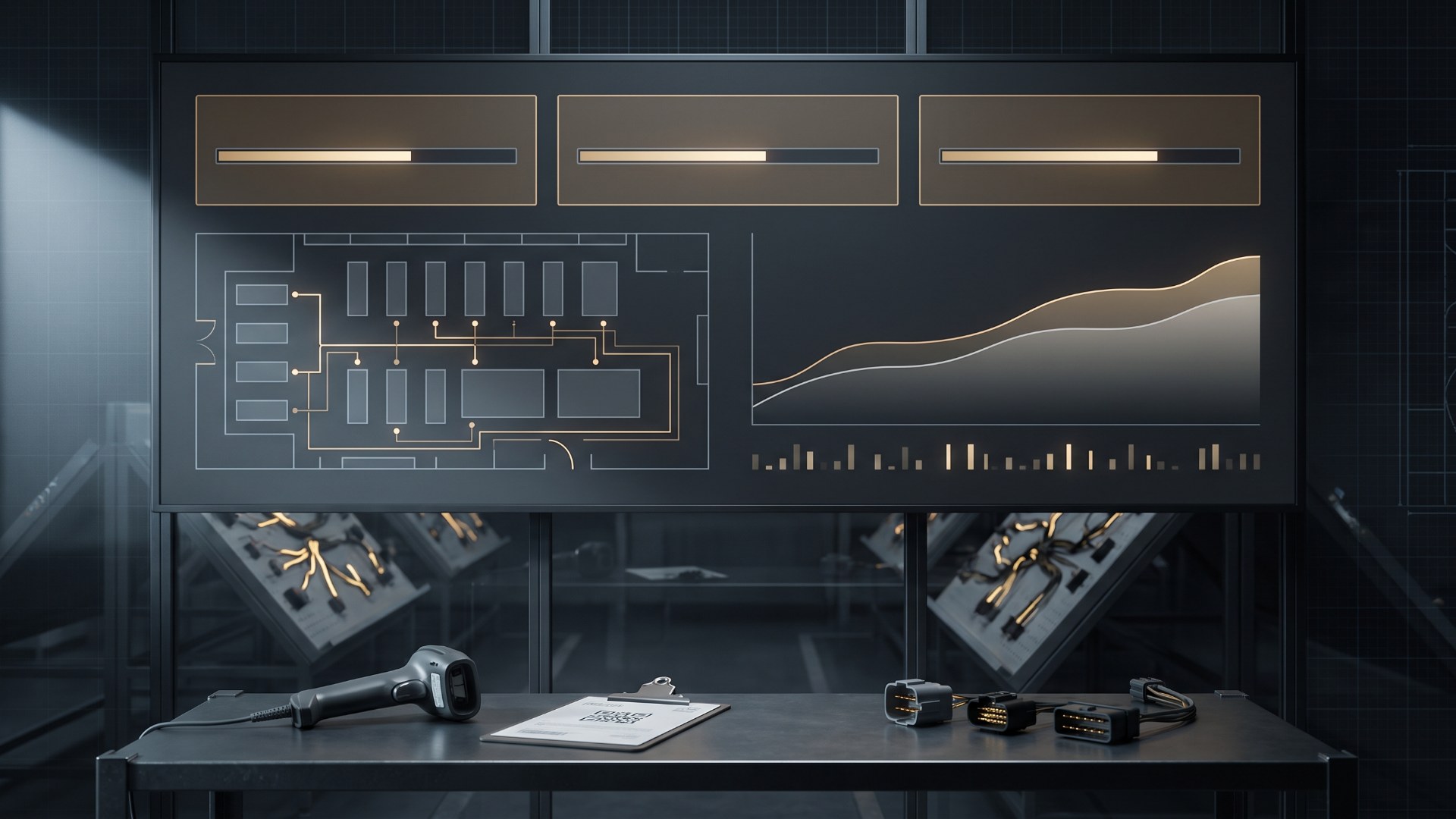 Wall-mounted production dashboard showing progress bars, a floor routing diagram and a labor trend chart above a wire harness assembly area