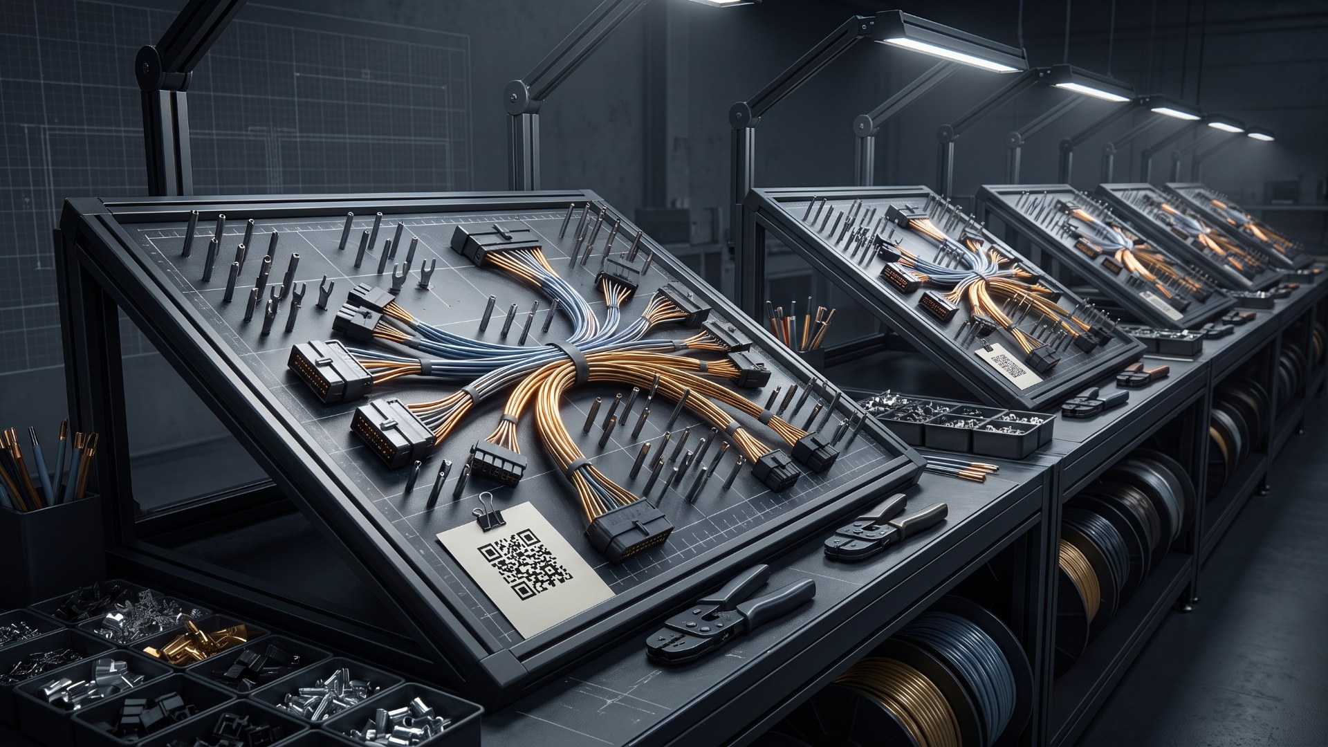 Row of wire harness assembly formboards on a production floor with a QR-coded traveler card clipped to the nearest board
