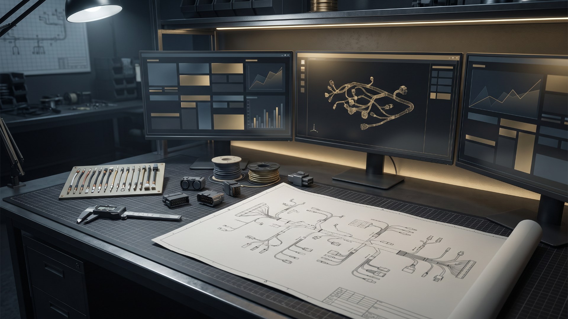 Wire harness estimator workstation showing a harness layout drawing and quoting dashboards on screen
