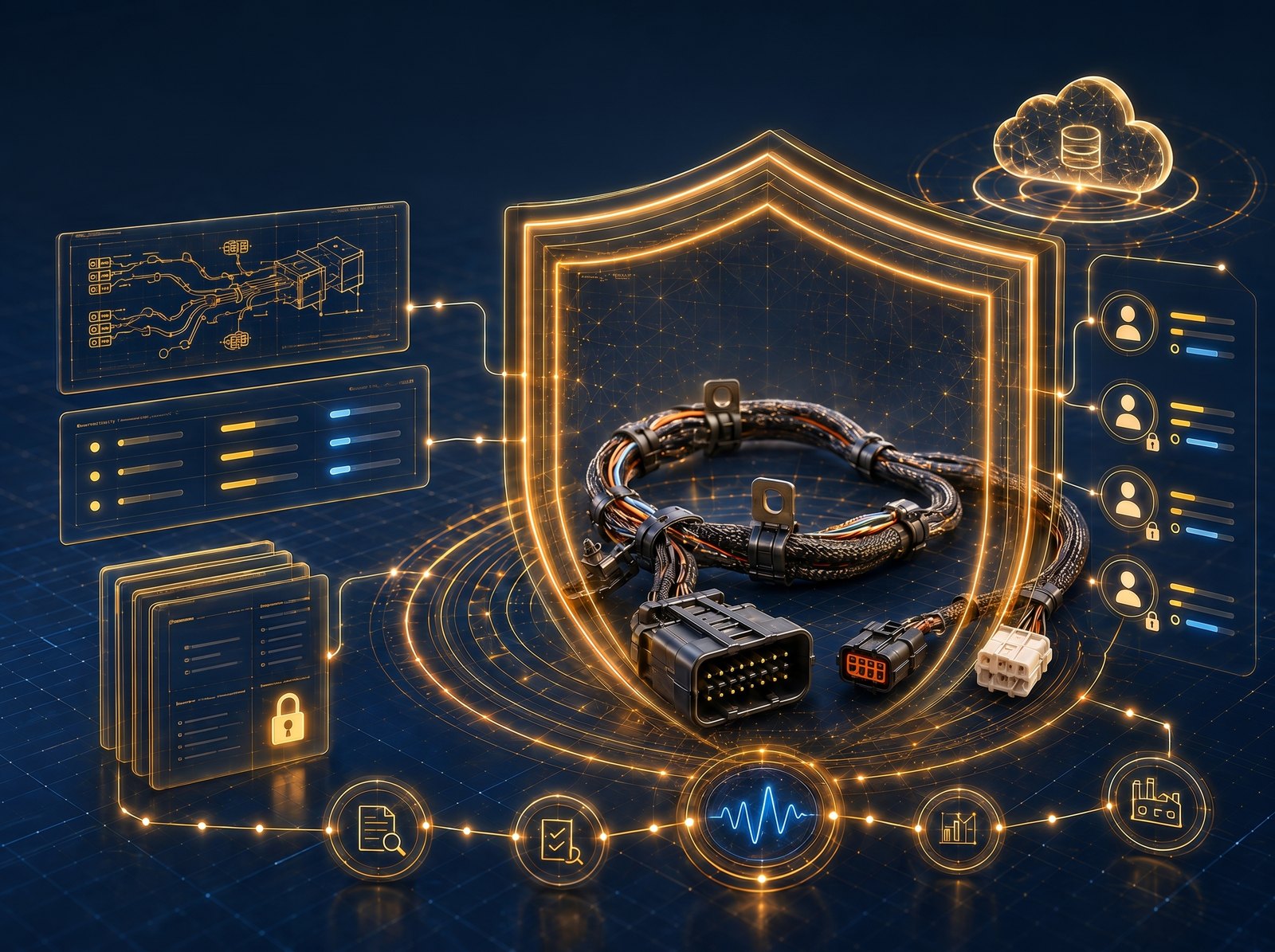 A wire harness held inside a security shield, linked to controlled document panels, role-based user permissions and a secure cloud node