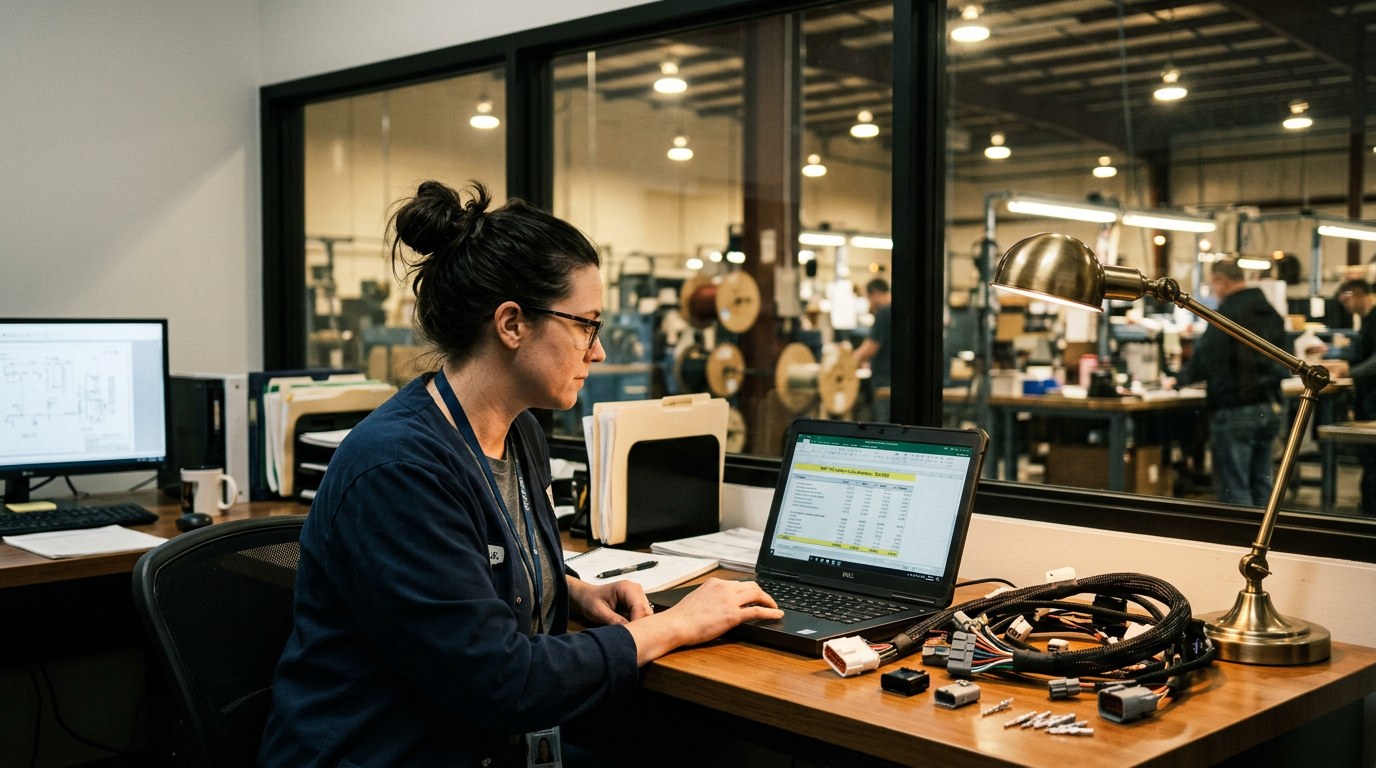 Estimator reviewing a manufacturing quoting software price breakdown next to a harness