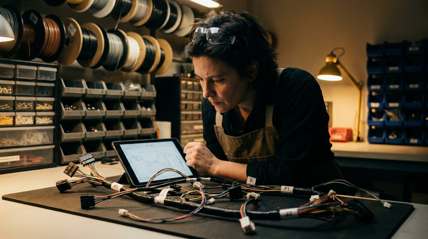 Engineer reviewing wire harness assembly software work instructions on a shop tablet