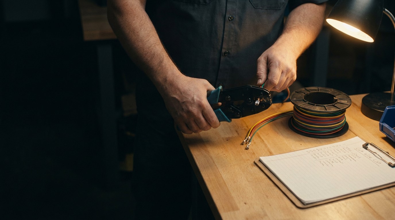 Technician terminating a connector during the wire harness manufacturing process